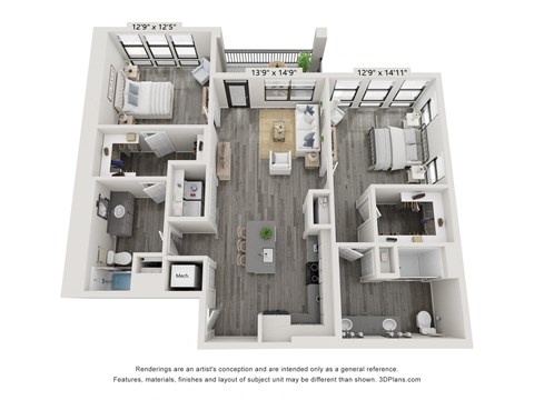 Floor plan for 2 beds, 2 baths, 1201 sqft